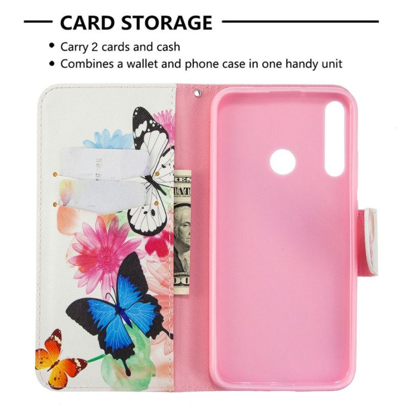 Flip Case Leren Huawei P40 Lite E / Y7p Lichtblauw Magenta Geschilderde Vlinders En Bloemen