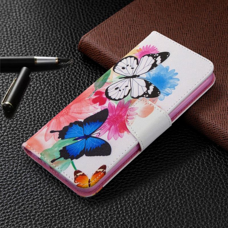 Flip Case Leren Huawei P40 Lite E / Y7p Lichtblauw Magenta Geschilderde Vlinders En Bloemen