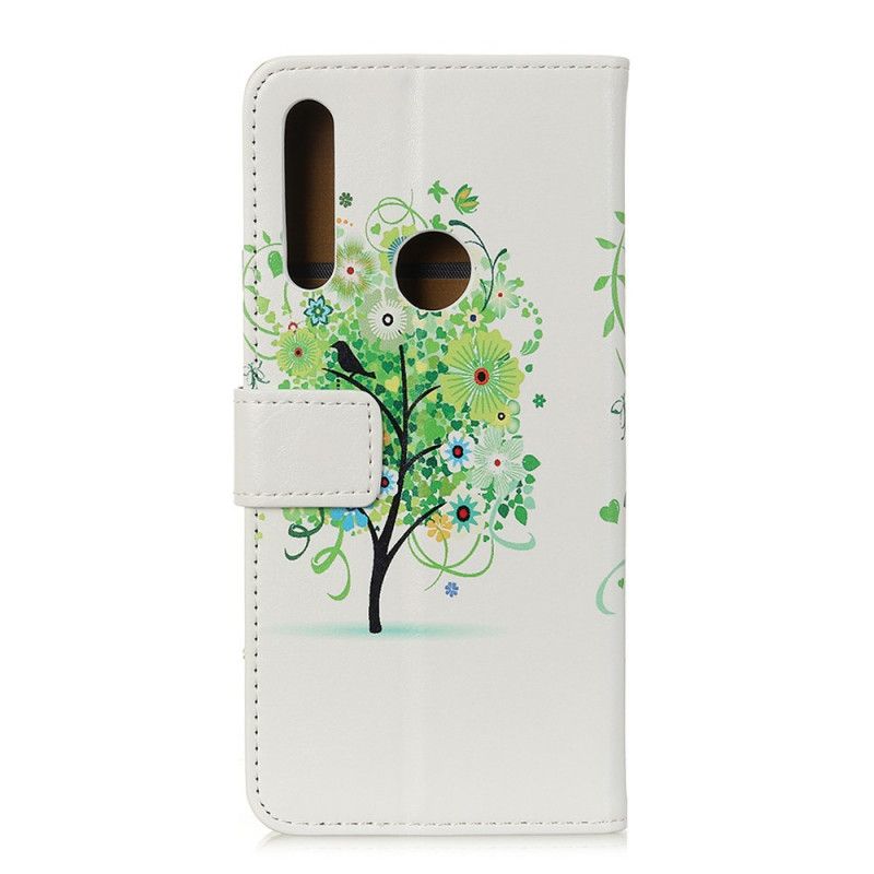 Leren Hoesje Huawei P40 Lite E / Y7p Lichtblauw Oranje Telefoonhoesje Bloeiende Boom