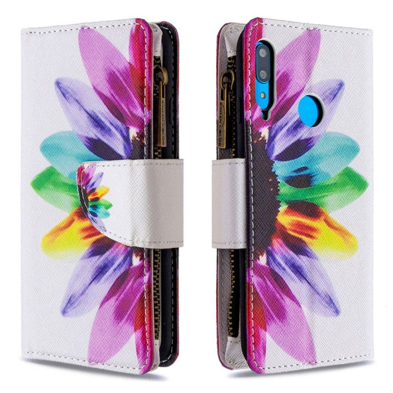 Leren Hoesje voor Huawei P40 Lite E / Y7p Wit Zwart Bloemenzak Met Ritssluiting