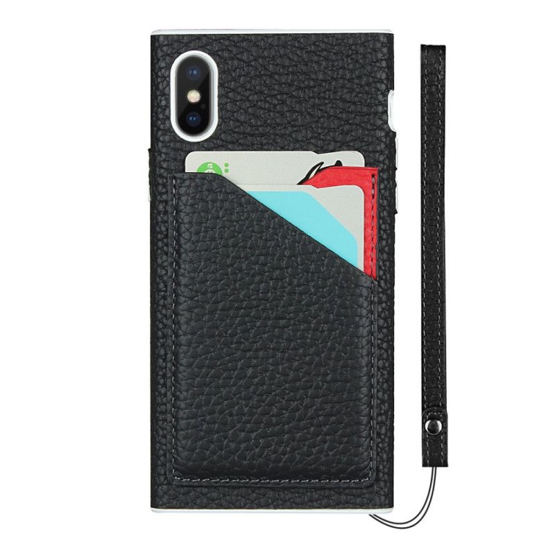 Cover Hoesje iPhone X Grijs Zwart Telefoonhoesje Kaarthouder Van Echt Lychee Leer Met Lanyard