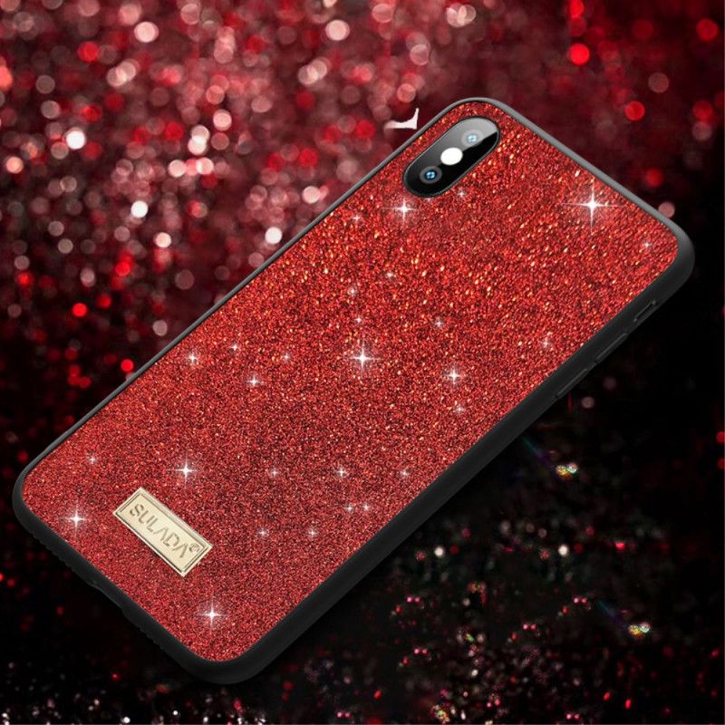 Hoesje iPhone X Rood Zwart Sulada Glitter