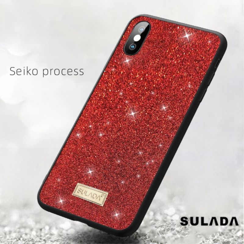 Hoesje iPhone X Rood Zwart Sulada Glitter