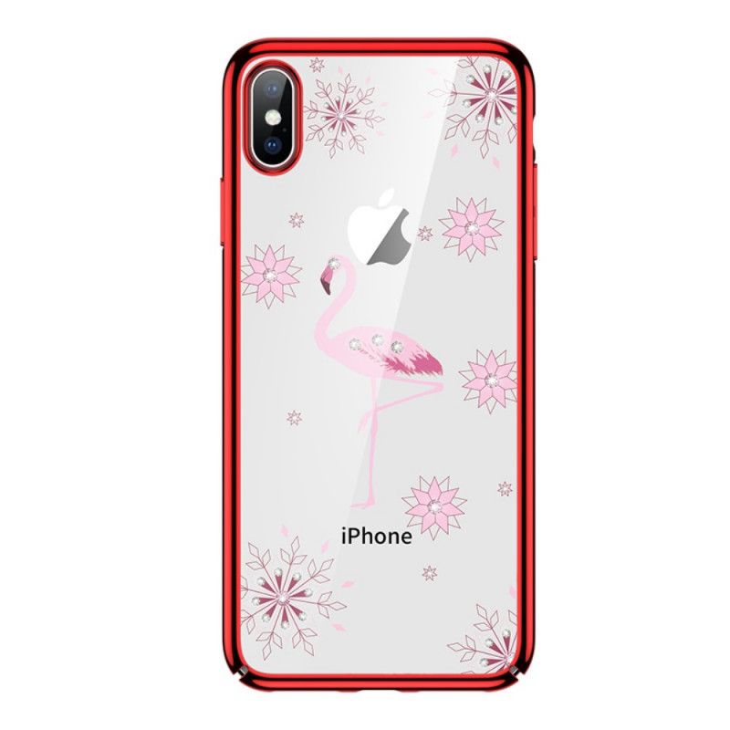 Hoesje voor iPhone X Rood Zwart Sulada Flamingo Diamanten