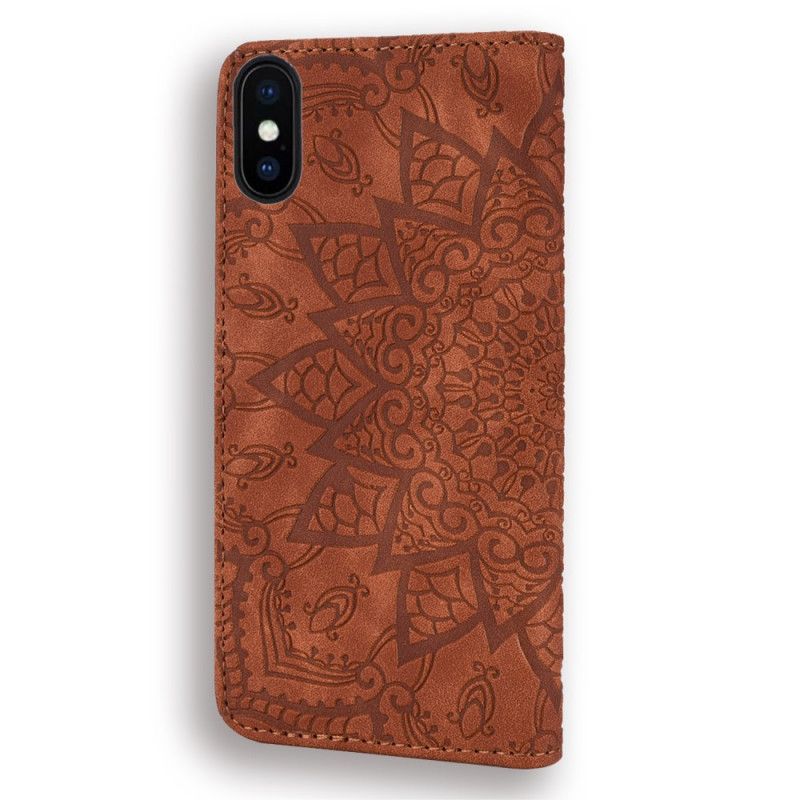 Leren Hoesje iPhone X Bruin Zwart Bloemenprint