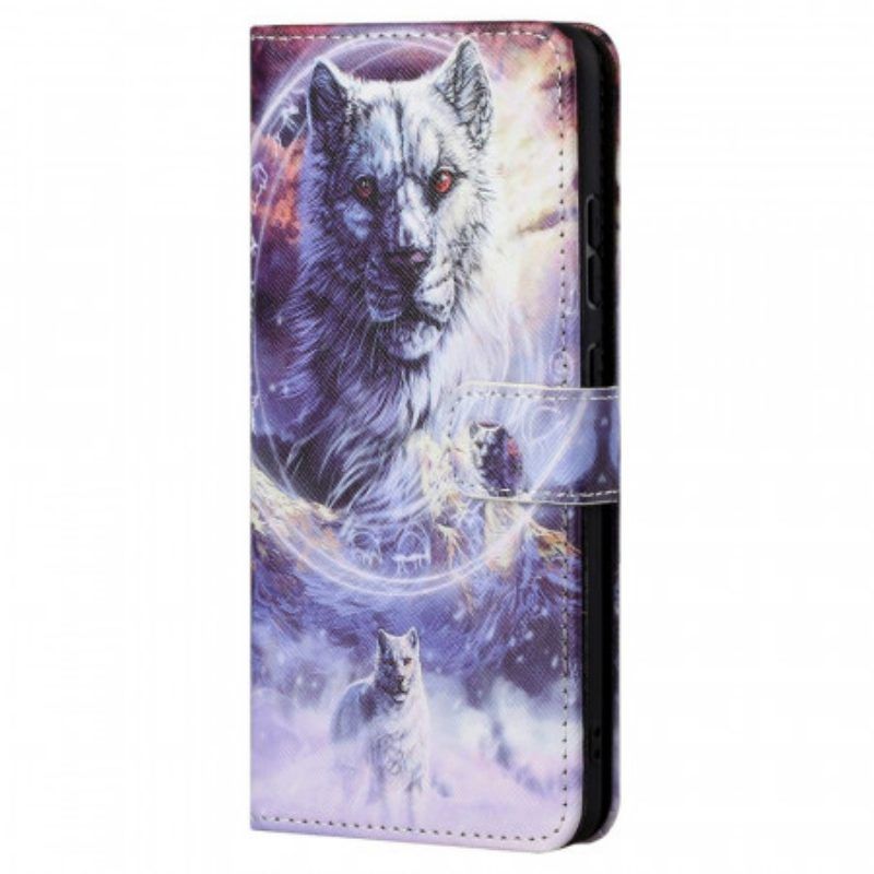 Leren Hoesje voor Xiaomi Redmi Note 11 / 11S Wolf In De Winter Met Sleutelkoord