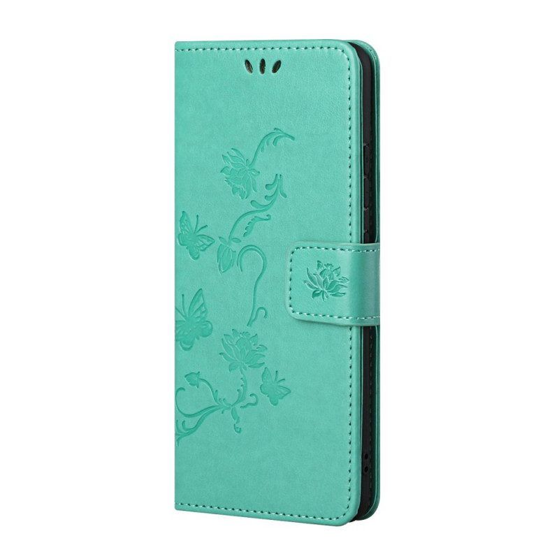 Folio-hoesje voor Samsung Galaxy S22 Plus 5G Met Ketting String Vlinders En Bloemen