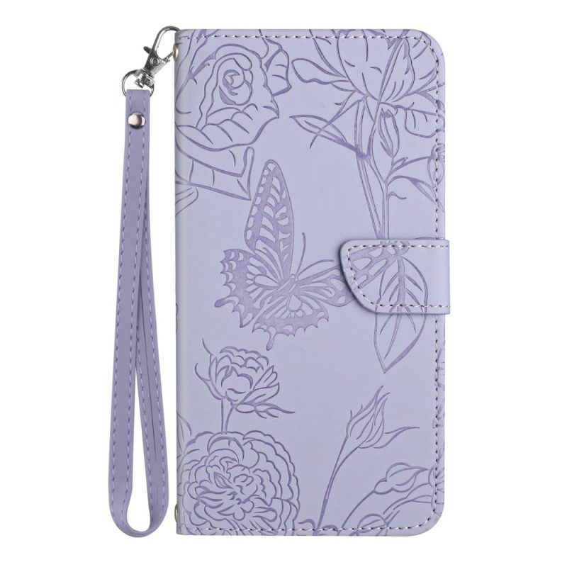 Leren Hoesje voor Xiaomi Redmi Note 12 4G Vlinders En Lanyard