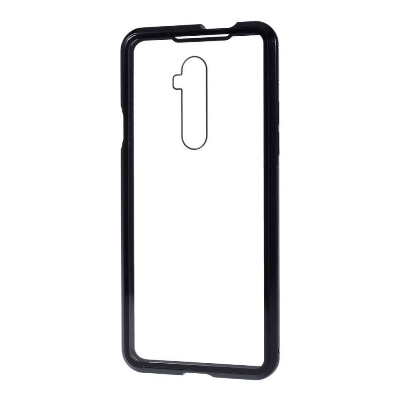 Cover Hoesje OnePlus 7T Pro Donkerblauw Zwart Telefoonhoesje Randen Van Metaal En Gehard Glas