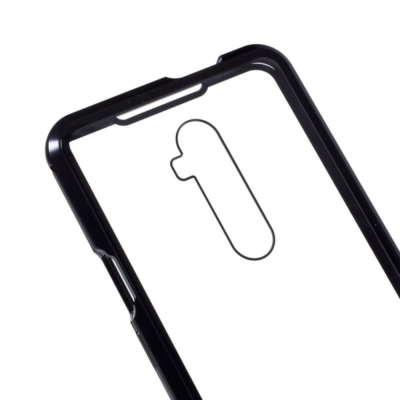 Cover Hoesje OnePlus 7T Pro Donkerblauw Zwart Telefoonhoesje Randen Van Metaal En Gehard Glas