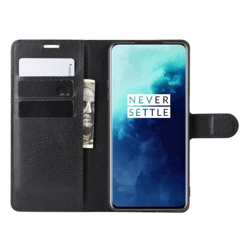 Leren Hoesje OnePlus 7T Pro Wit Zwart Telefoonhoesje Klassiek