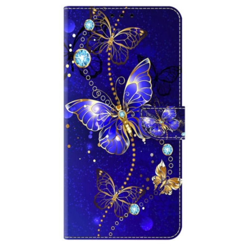 Flip Case Leren Google Pixel 9 Diamanten Vlinder Op Blauwe Achtergrond