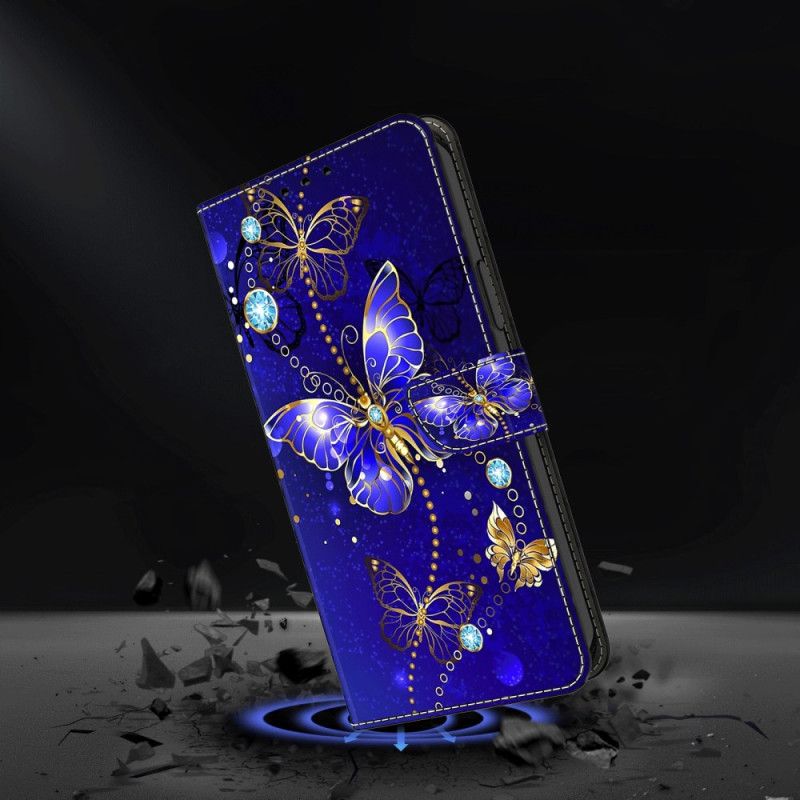 Flip Case Leren Google Pixel 9 Diamanten Vlinder Op Blauwe Achtergrond