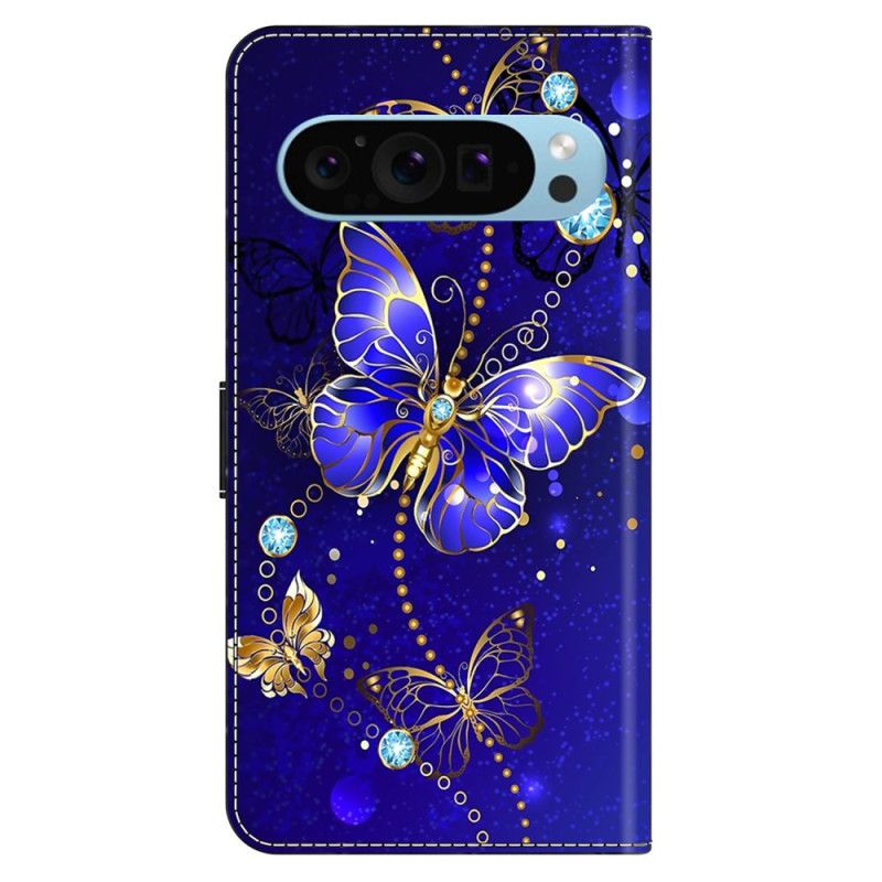 Flip Case Leren Google Pixel 9 Diamanten Vlinder Op Blauwe Achtergrond