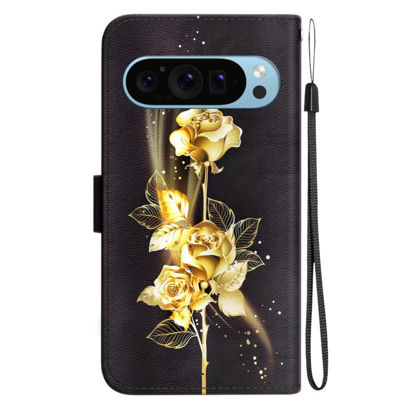 Flip Case Leren Google Pixel 9 Gouden En Roze Vlinders