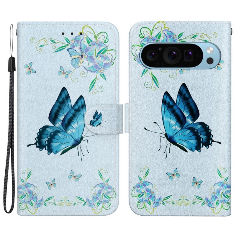 Leren Hoesje Google Pixel 9 Blauwe Vlinder En Bloemen Bescherming Hoesje