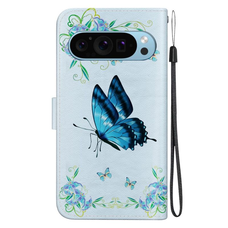 Leren Hoesje Google Pixel 9 Blauwe Vlinder En Bloemen Bescherming Hoesje