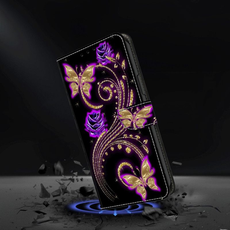 Leren Hoesje Google Pixel 9 Violette Bloemen En Vlinders Bescherming Hoesje