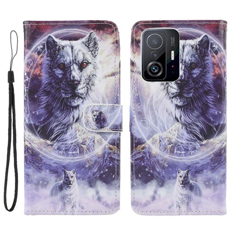 Flip Case Leren Xiaomi Mi 11t / 11t Pro Wolf In De Winter Met Koord