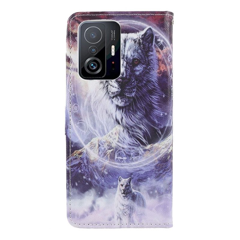 Flip Case Leren Xiaomi Mi 11t / 11t Pro Wolf In De Winter Met Koord