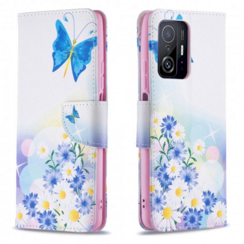 Leren Hoesje Xiaomi Mi 11t / 11t Pro Geschilderde Vlinders En Bloemen Bescherming Hoesje