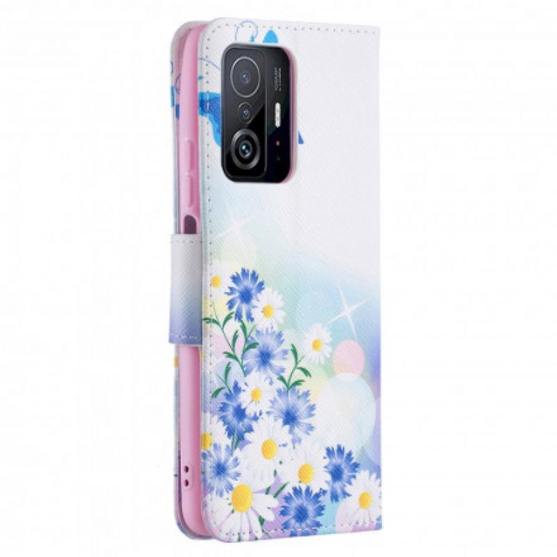 Leren Hoesje Xiaomi Mi 11t / 11t Pro Geschilderde Vlinders En Bloemen Bescherming Hoesje