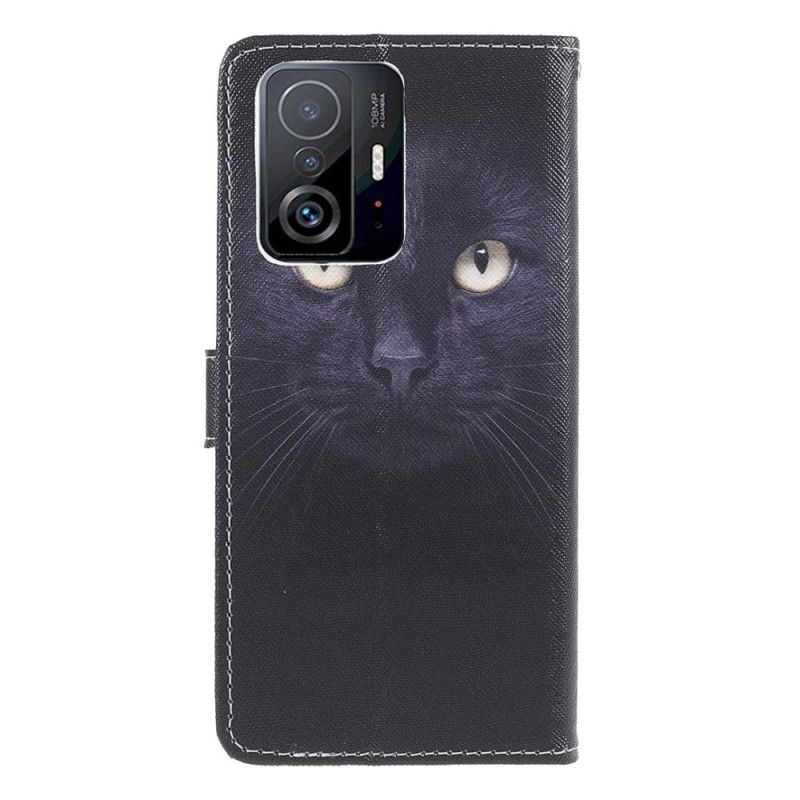 Leren Hoesje Xiaomi Mi 11t / 11t Pro Kattenogen Met Zwarte Bandjes Bescherming Hoesje