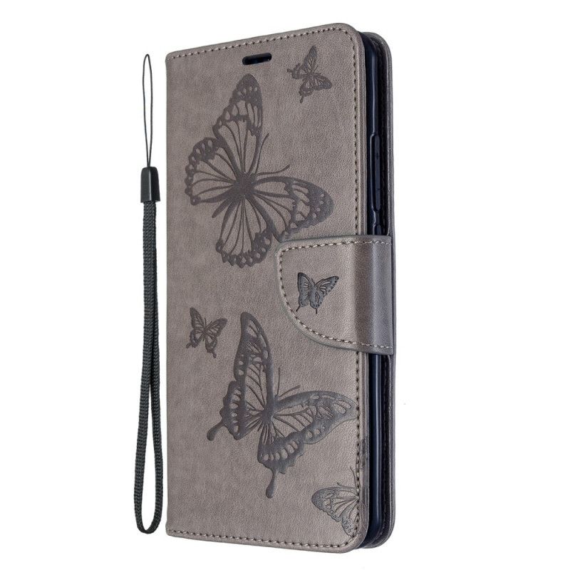 Flip Case Leren Xiaomi Mi Note 10 / 10 Pro Donkerblauw Magenta Bedrukte Vlinders Met String