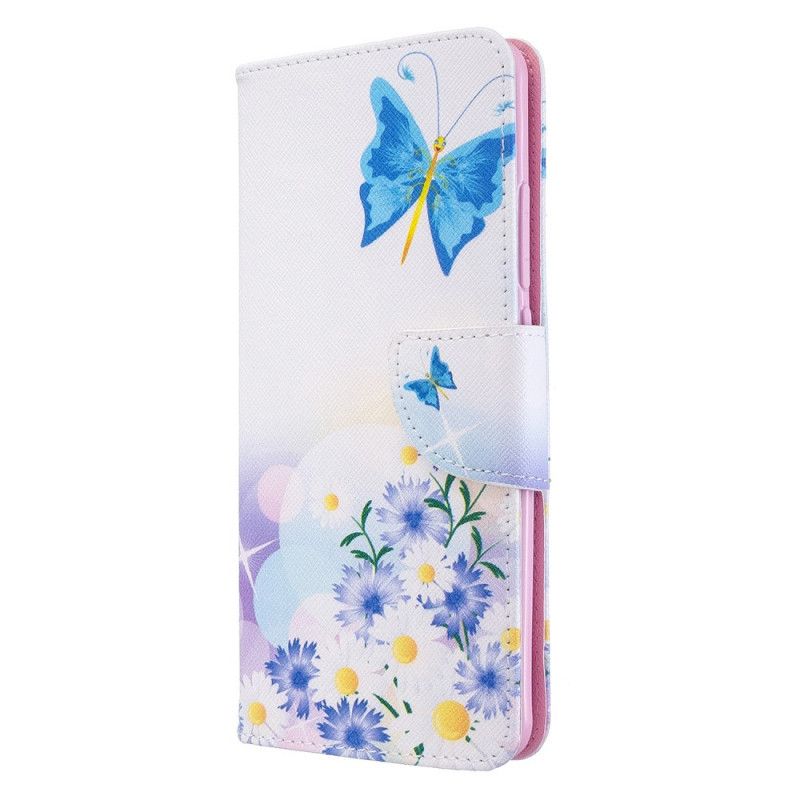 Leren Hoesje Xiaomi Mi Note 10 / 10 Pro Lichtblauw Roze Geschilderde Vlinders En Bloemen