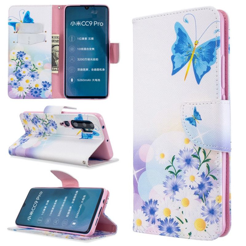 Leren Hoesje Xiaomi Mi Note 10 / 10 Pro Lichtblauw Roze Geschilderde Vlinders En Bloemen