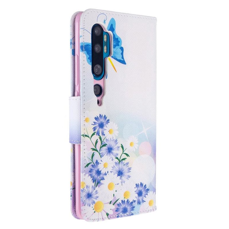 Leren Hoesje Xiaomi Mi Note 10 / 10 Pro Lichtblauw Roze Geschilderde Vlinders En Bloemen