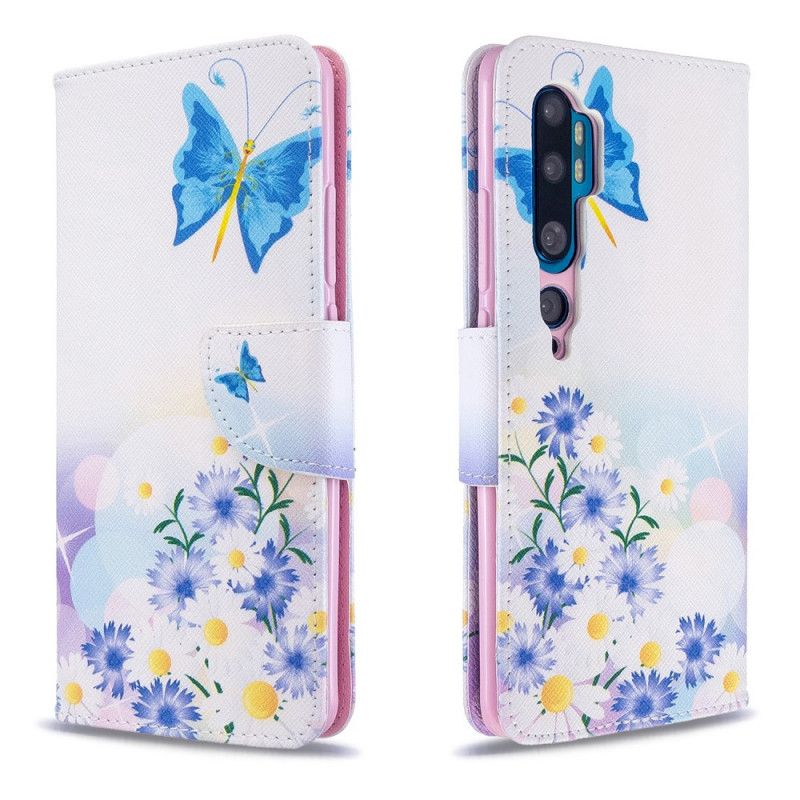 Leren Hoesje Xiaomi Mi Note 10 / 10 Pro Lichtblauw Roze Geschilderde Vlinders En Bloemen