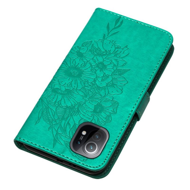 Leren Hoesje Xiaomi Mi 11 Grijs Zwart Design Vlinder Met Riempje