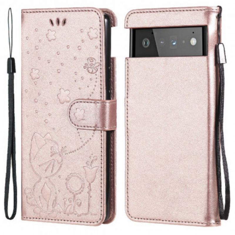 Folio-hoesje Google Pixel 6 Telefoonhoesje Cat And Bee String