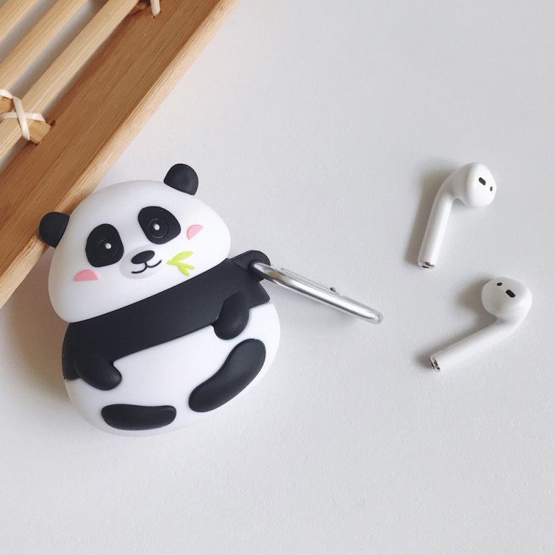 Hoesje AirPods Grijs Wit Siliconen Leuke Dierenserie Met Karabijnhaak