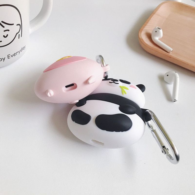 Hoesje AirPods Grijs Wit Siliconen Leuke Dierenserie Met Karabijnhaak