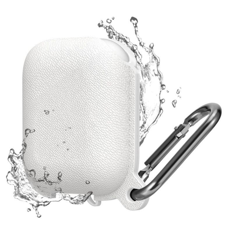 Hoesje voor AirPods Wit Zwart Waterdicht Lychee Kunstleer Met Karabijnhaak