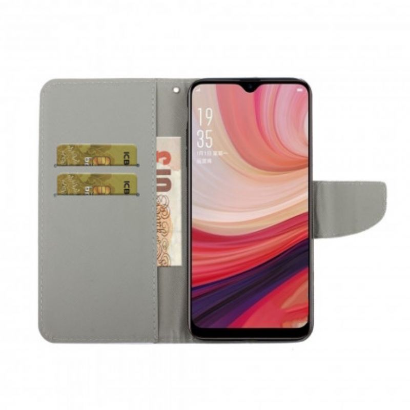 Flip Case Leren Oppo A15 Bloemenschedel Met Lanyard