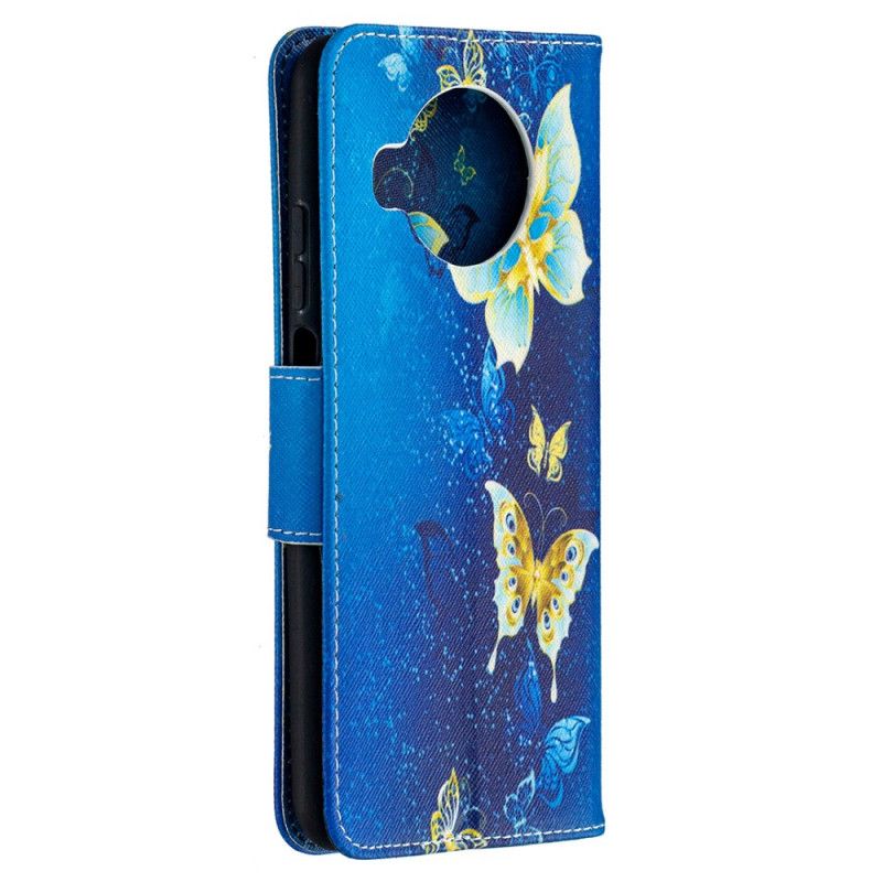 Cover Folio-hoesje Xiaomi Mi 10T Lite 5G / Redmi Note 9 Pro 5G Lichtblauw Donkerblauw Telefoonhoesje Gouden Vlinders