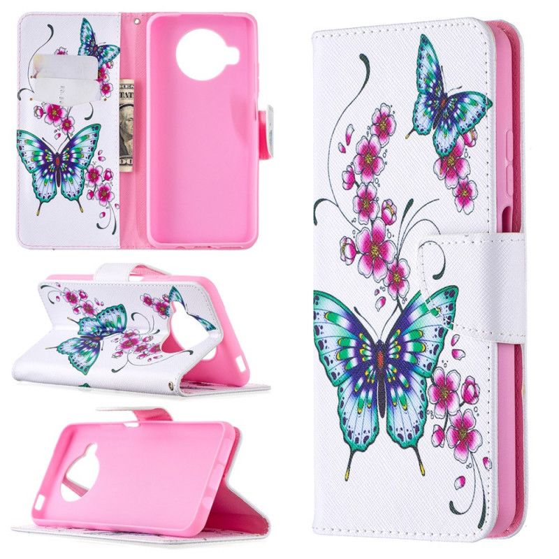 Leren Hoesje voor Xiaomi Mi 10T Lite 5G / Redmi Note 9 Pro 5G Donkerblauw Magenta Vlucht Van Vlinders