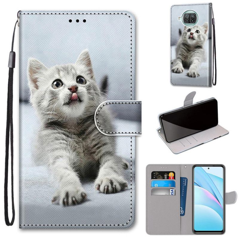 Leren Hoesje voor Xiaomi Mi 10T Lite 5G / Redmi Note 9 Pro 5G Grijs Wit String Kitten