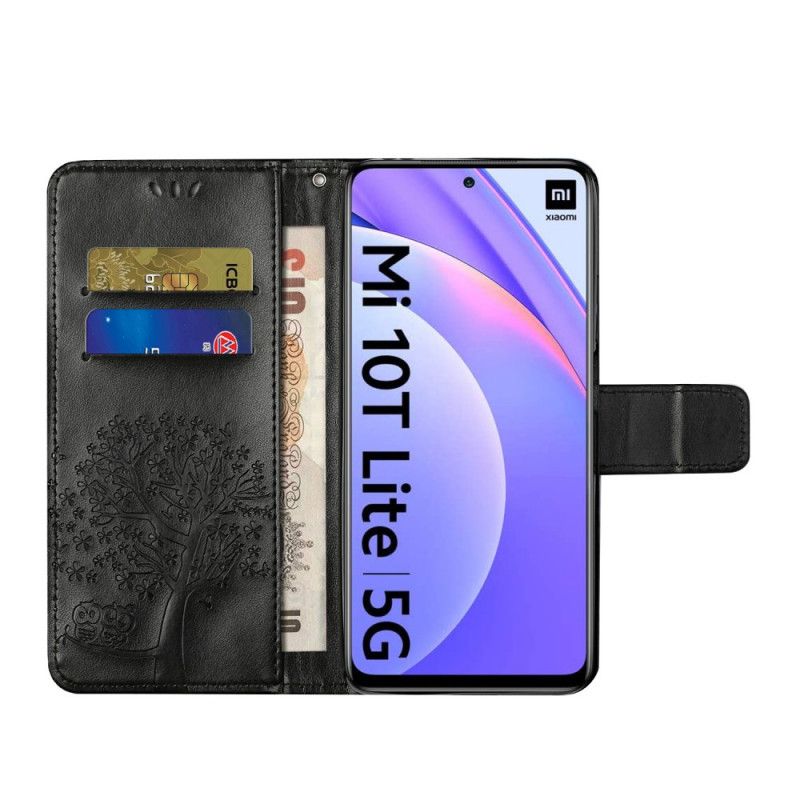 Leren Hoesje voor Xiaomi Mi 10T Lite 5G / Redmi Note 9 Pro 5G Grijs Zwart Boom En String Uilen