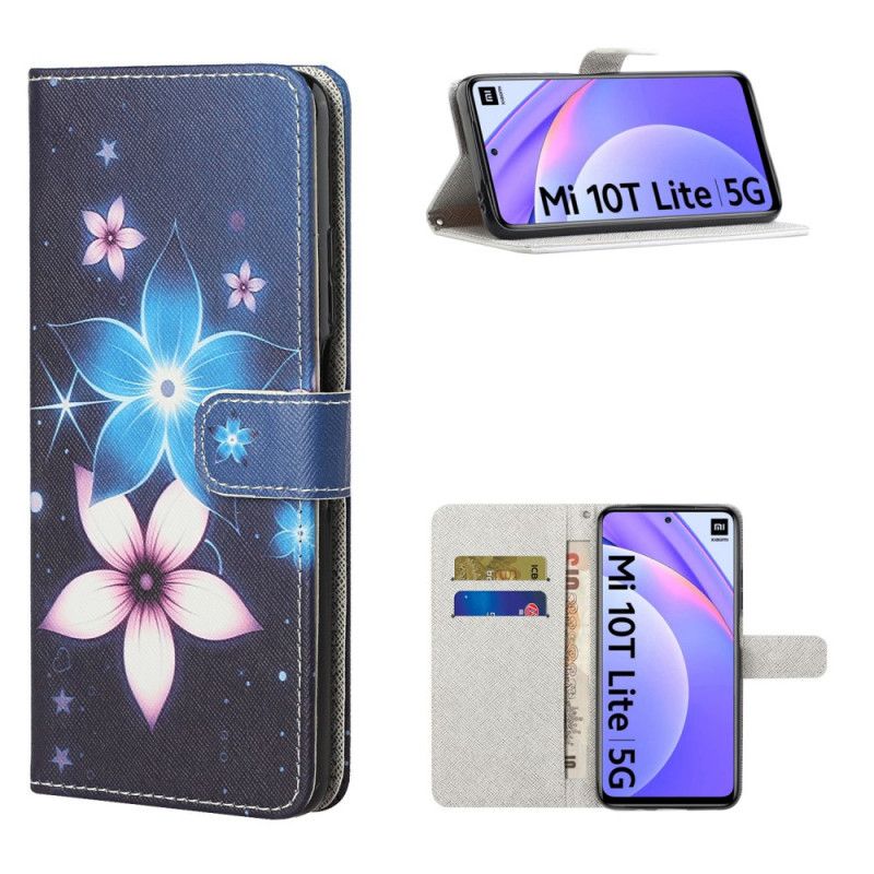 Leren Hoesje Xiaomi Mi 10T Lite 5G / Redmi Note 9 Pro 5G Telefoonhoesje Maanbloemen Met String