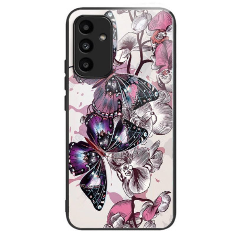 Case Hoesje Samsung Galaxy A15 Telefoonhoesje Paarse Vlinders Van Gehard Glas