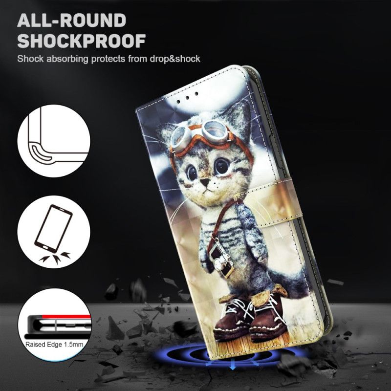 Flip Case Leren Samsung Galaxy A15 Vliegenier Kat Met Riem