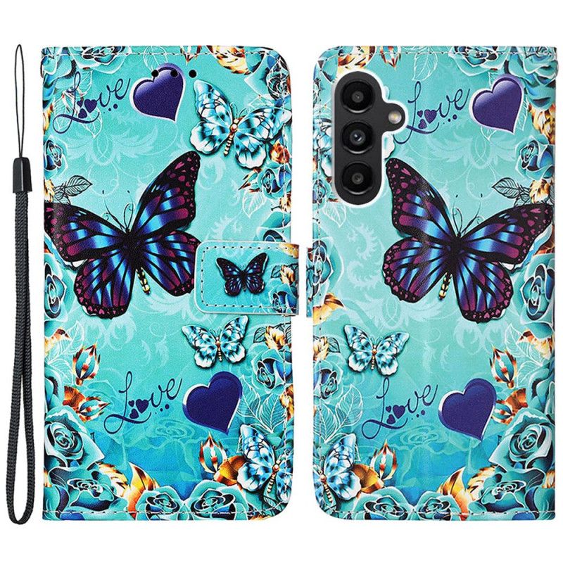 Flip Case Leren Samsung Galaxy A15 Vlinders En Harten Met Riempje