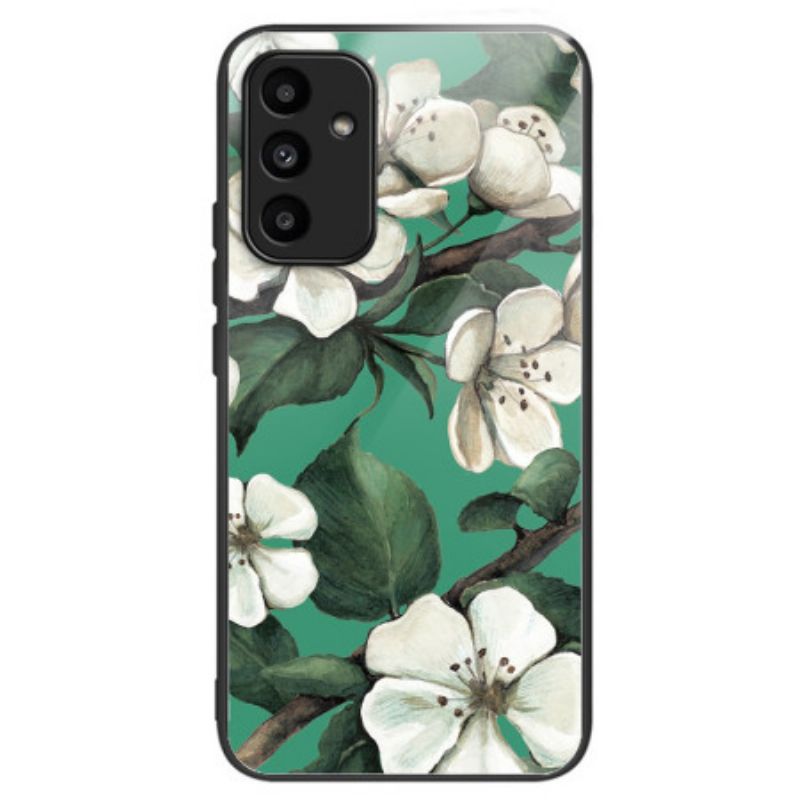 Hoesje Voor Samsung Galaxy A15 Gehard Glas Witte Bloemen