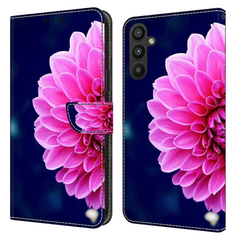 Leren Hoesje Samsung Galaxy A15 Roze Bloemen Op Blauwe Achtergrond Bescherming Hoesje