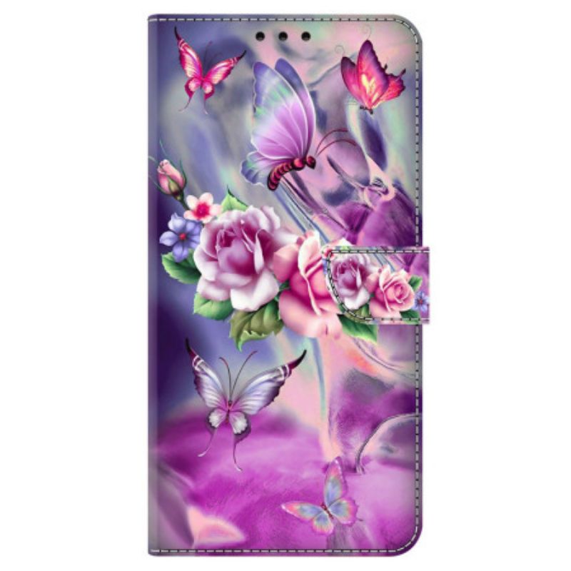 Leren Hoesje Voor Samsung Galaxy A15 Paarse Vlinders En Bloemen