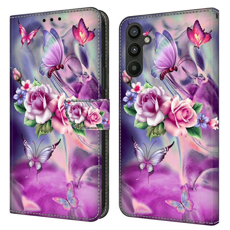 Leren Hoesje Voor Samsung Galaxy A15 Paarse Vlinders En Bloemen